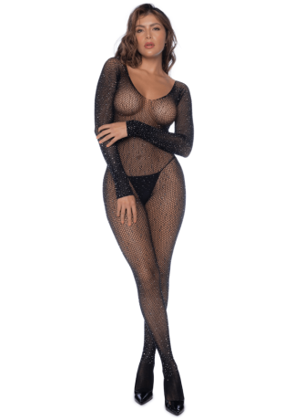 Combinaison noire en résille ornée de strass - MAL1131BKRH